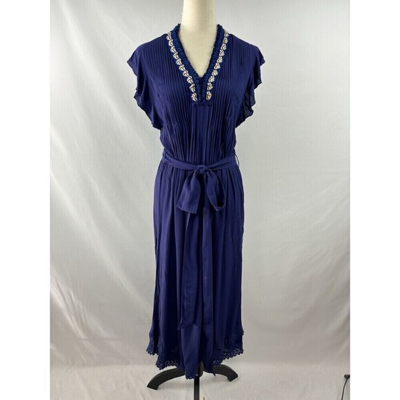 Poupette St Barth Maxi Dress Navy Blue XS Fringe Puka Shell Accents - Picture 16 of 16
